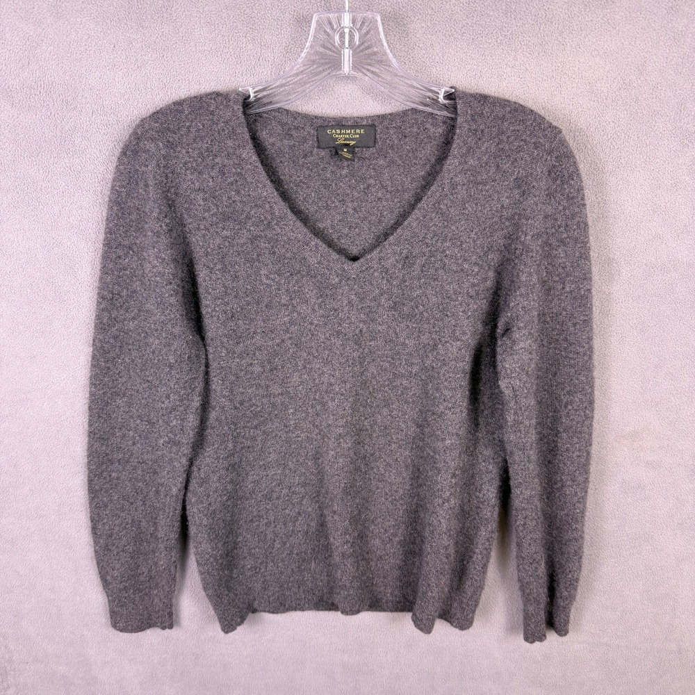 Charter Club Luxury 100% Cashmere V-Neck Sweater Gray Women's Size Medium‎ EUC